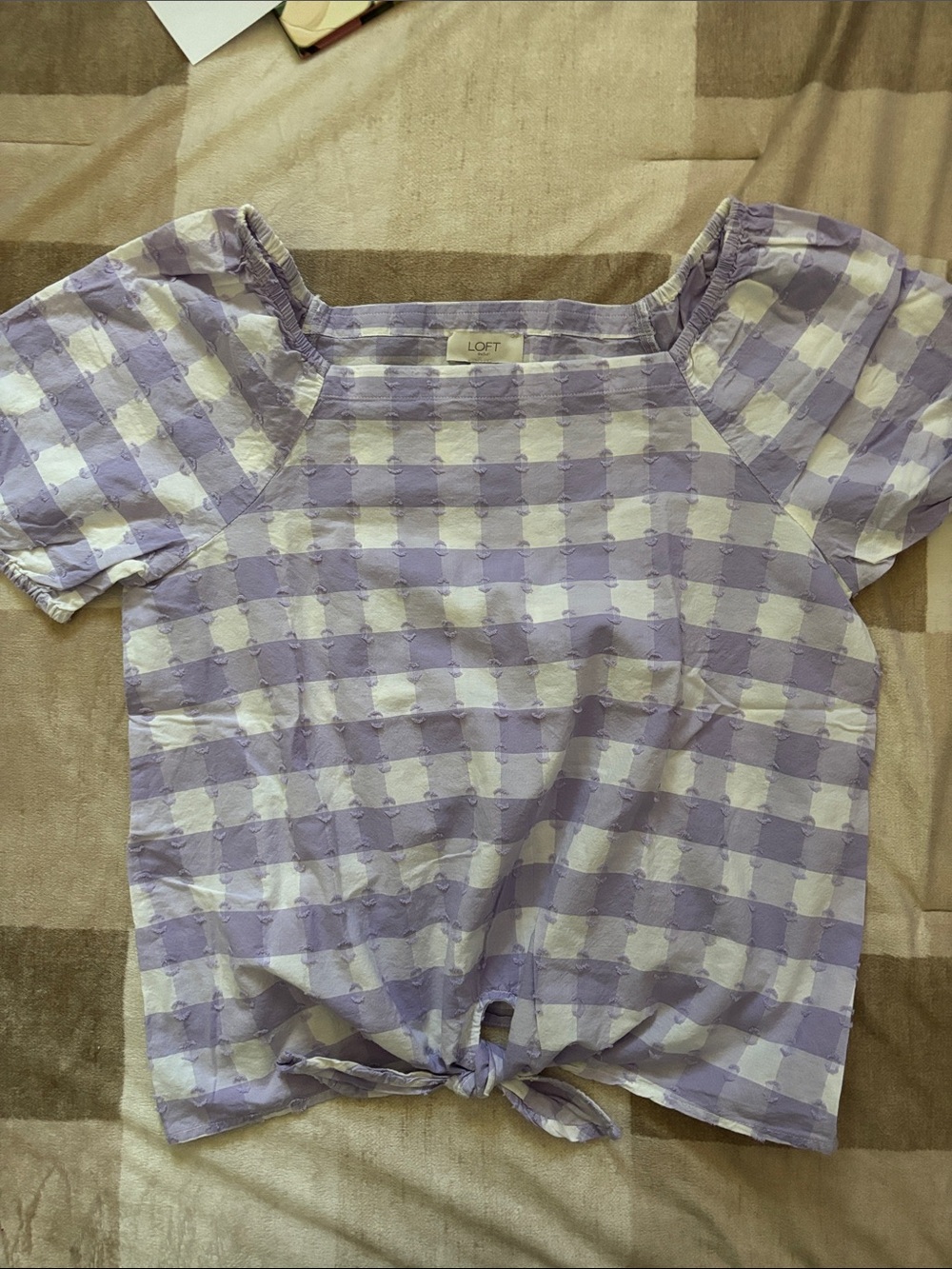 LOFT Lavender & White Gingham Tie-Front Puff Sleeve Top